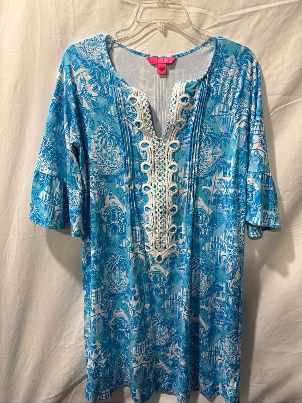 Lilly Pulitzer Blue and White Printed Tunic with Crochet Placket